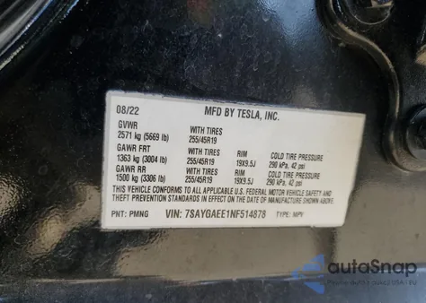 2022 Tesla Model Y z USA, uszkodzony, nr VIN 7SAYGAEE1NF514878